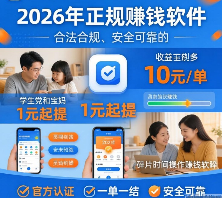 拒绝割韭菜！2026年正规赚钱软件推荐：官方背书+一单一结，安全靠谱不踩坑