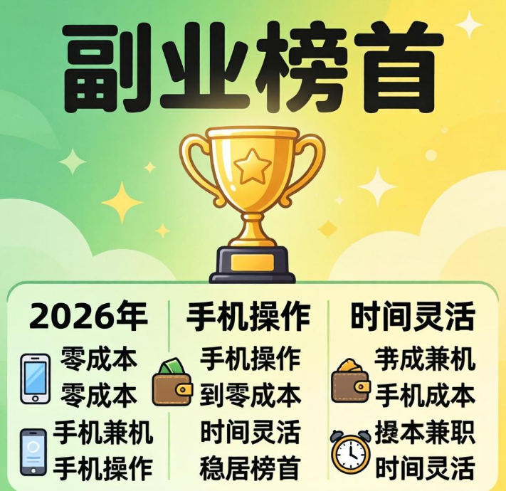 2026年副业排行榜，零成本手机兼职稳居榜首
