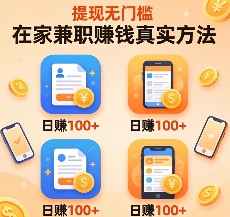 在家兼职赚钱真实方法，4 个任务APP日赚100+，提现无门槛