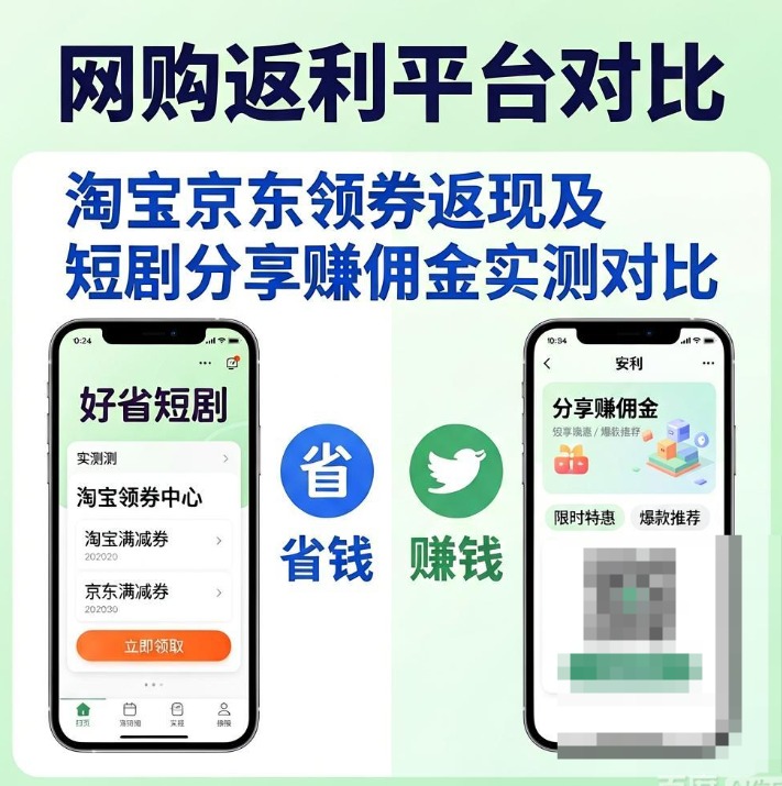 好省短剧与安利APP购物返利靠谱吗？淘宝京东领券返现及短剧分享赚佣金实测对比