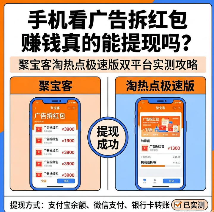 手机看广告拆红包赚钱真的能提现吗?聚宝客淘热点极速版双平台实测攻略 手机看广告拆红包赚钱真的能提现吗?聚宝客淘热点极速版双平台实测攻略