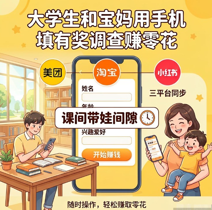 大学生和宝妈用手机填有奖调查挣零花钱,三个正规平台课间带娃间隙随时操作 大学生和宝妈用手机填有奖调查挣零花钱,三个正规平台课间带娃间隙随时操作