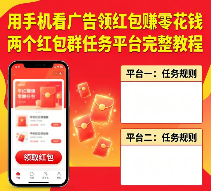 用手机看广告领红包赚零花钱 两个红包群任务平台完整教程 用手机看广告领红包赚零花钱 两个红包群任务平台完整教程