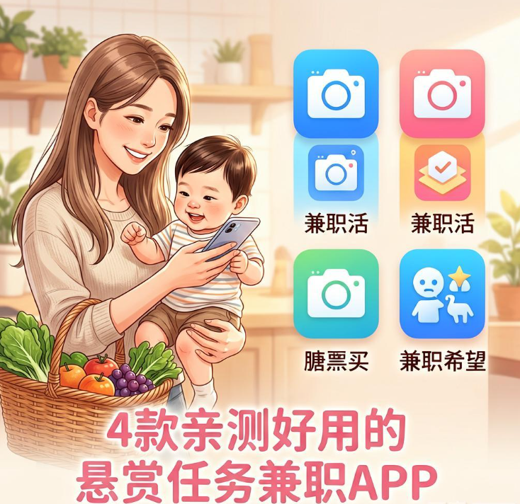 宝妈带娃间隙如何用手机挣点买菜钱，4款悬赏任务兼职APP亲测好用