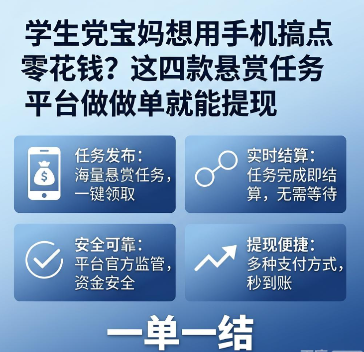 学生党宝妈想用手机搞点零花钱?这四款悬赏任务平台做做单就能提现 学生党宝妈想用手机搞点零花钱?这四款悬赏任务平台做做单就能提现