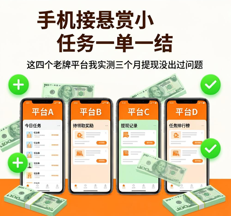 手机接悬赏小任务一单一结，这四个老牌平台我实测三个月提现没出过问题