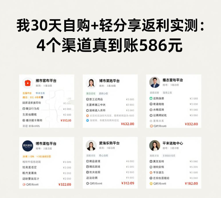 我30天自购+轻分享返利实测：4个渠道真到账586元