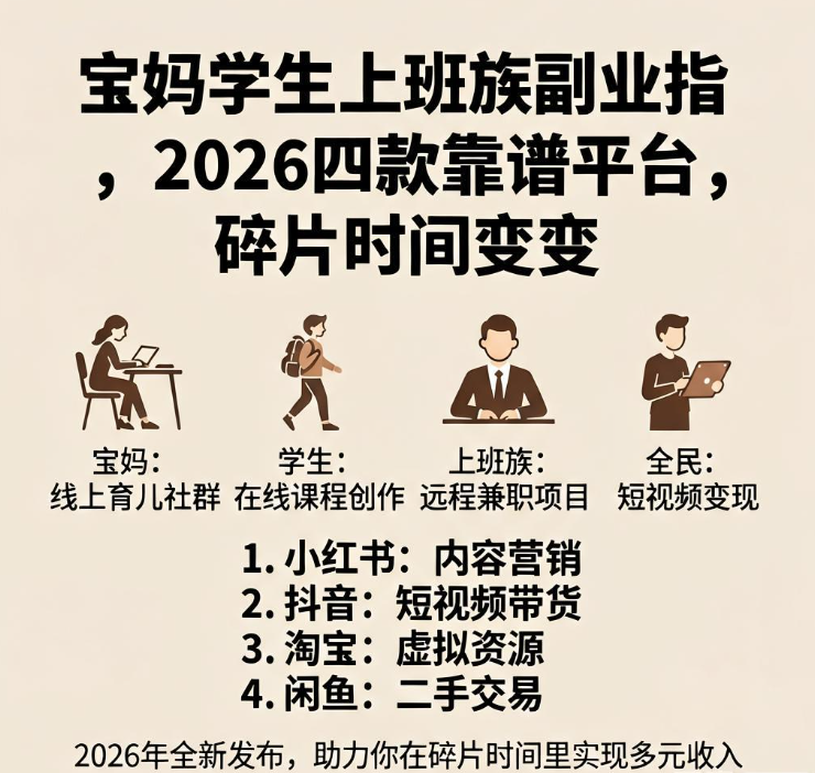宝妈学生上班族副业指南,2026四款靠谱平台,碎片时间变现 宝妈学生上班族副业指南,2026四款靠谱平台,碎片时间变现